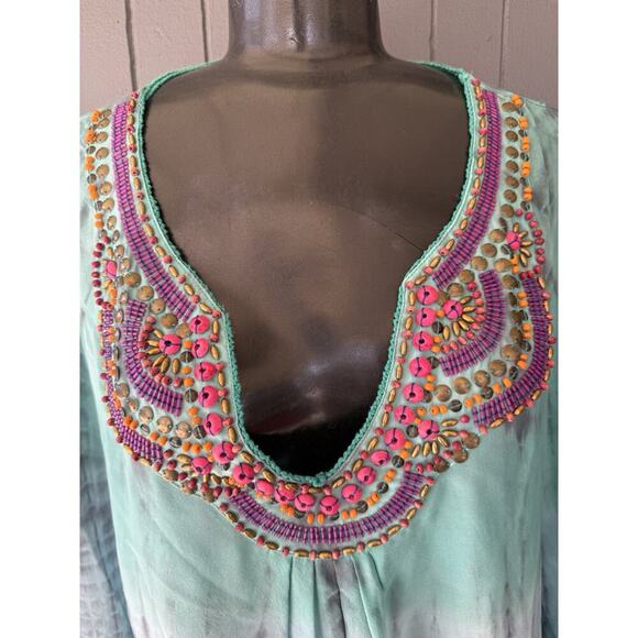 Hale Bob S Cabana Silk Ombre Tie Dye Beaded V-Neck Top Drawstring Waist 37” Bust - Picture 3 of 10